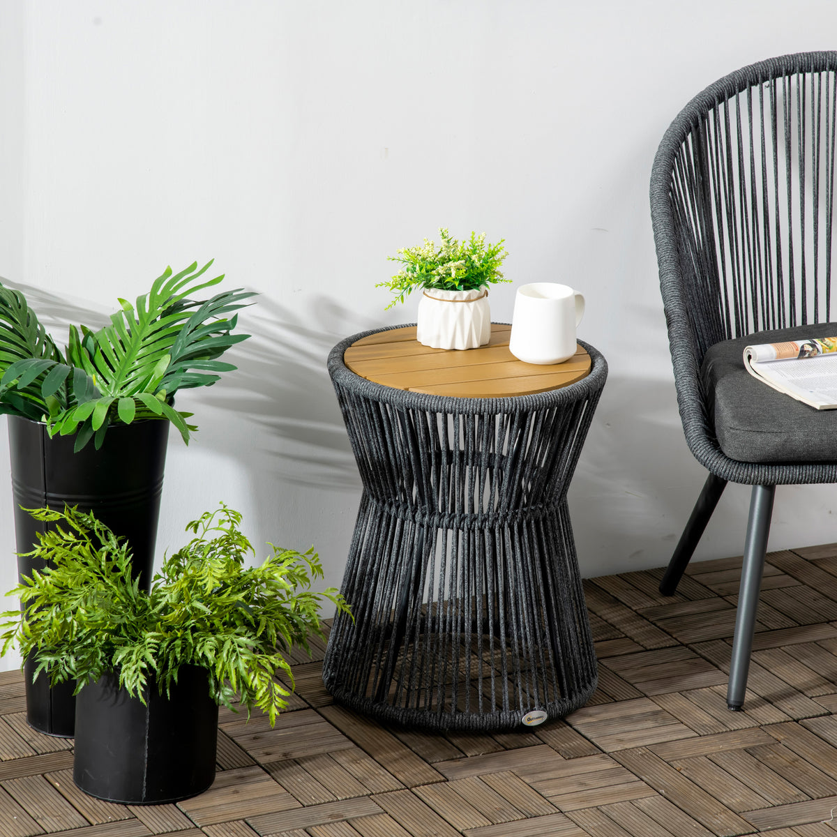 Gartentisch im Boho-Stil, wetterbest?ndig, PE-Rattan, 39 cm x 39 cm x 49 cm, Schwarz + Natur