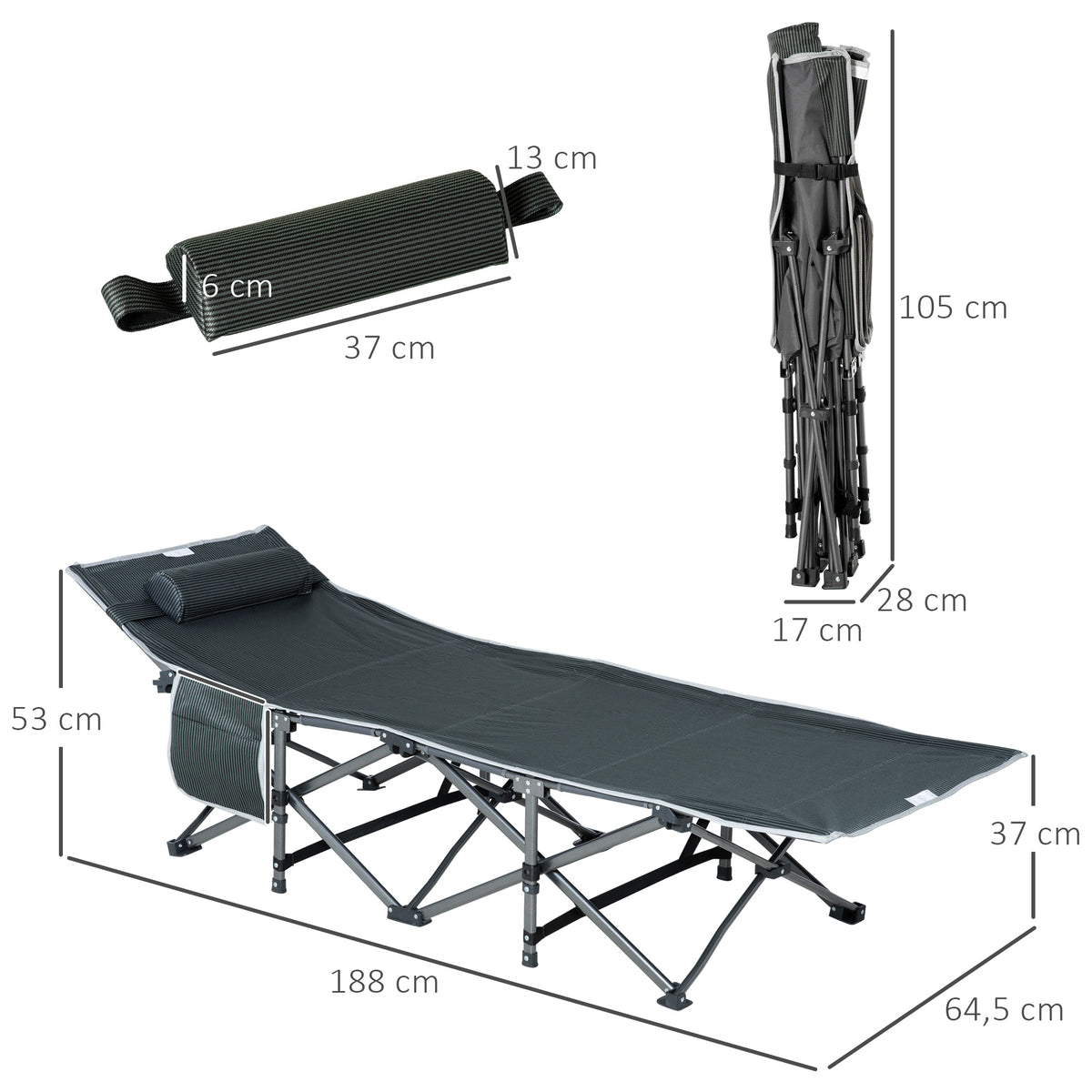 Campingbett, klappbares Feldbett mit Kopfkissen, 188 x 64,5 x 53 cm, Grau