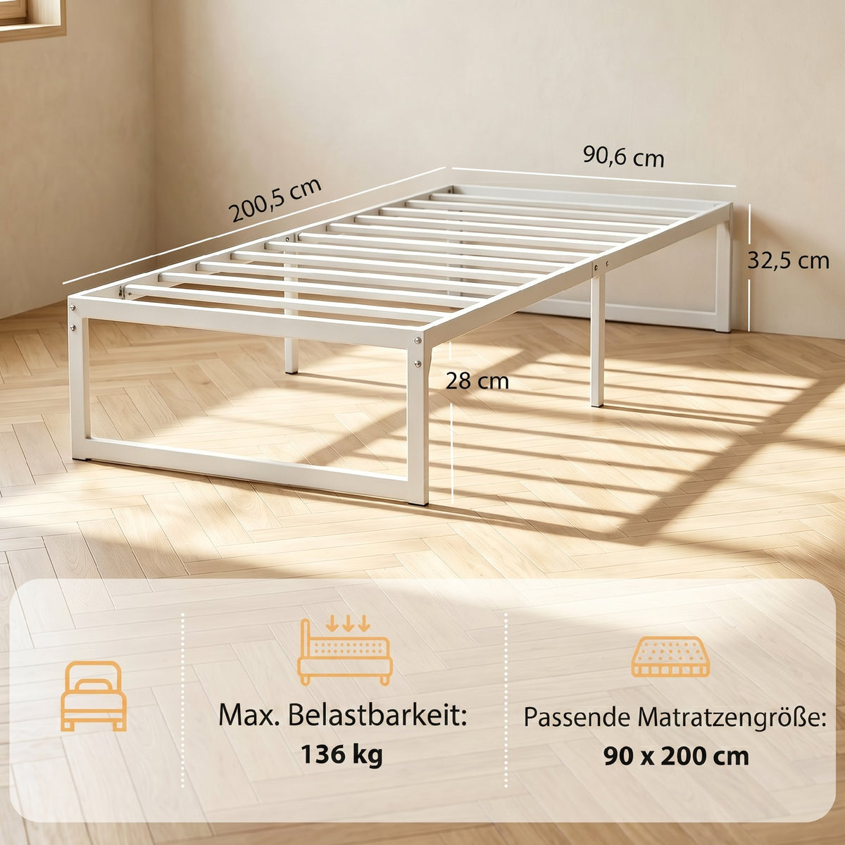Bettgestell mit Stauraum und Stahl-Lattenrost, 32,5 cm hoch, geräuscharm, 200 x 90 cm, Weiß
