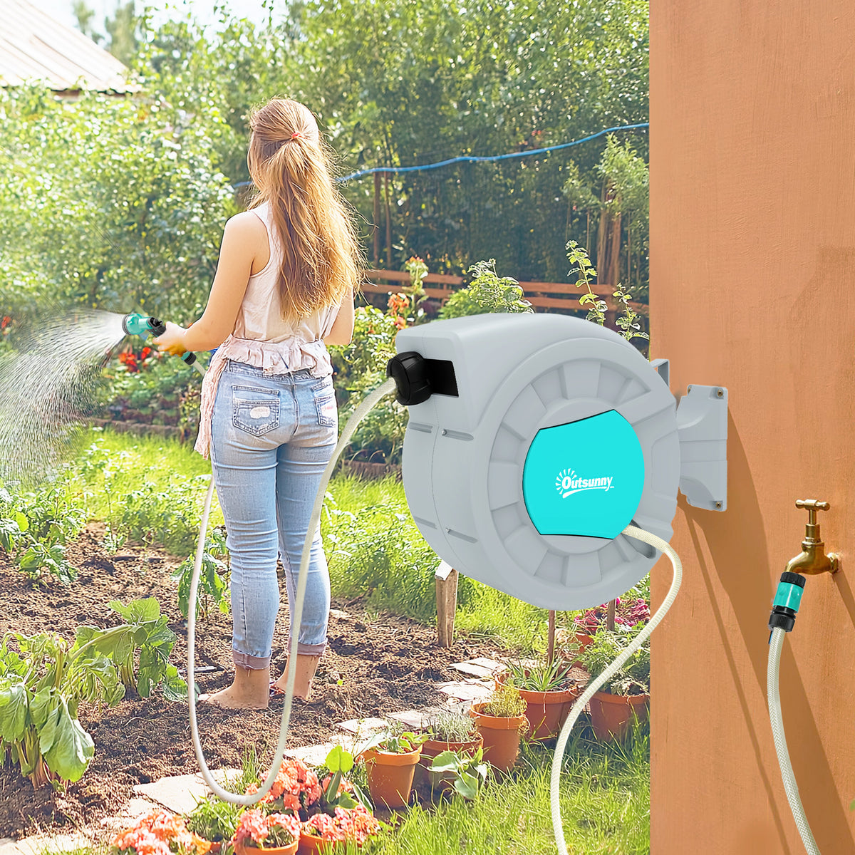 Gartenschlauchhalter, 30+2 Meter Gartenschlauch in robustem Geh?use, Wandhalterung, 7 Spr¨¹hmuster, 180¡ã drehbar, Gr¨¹n