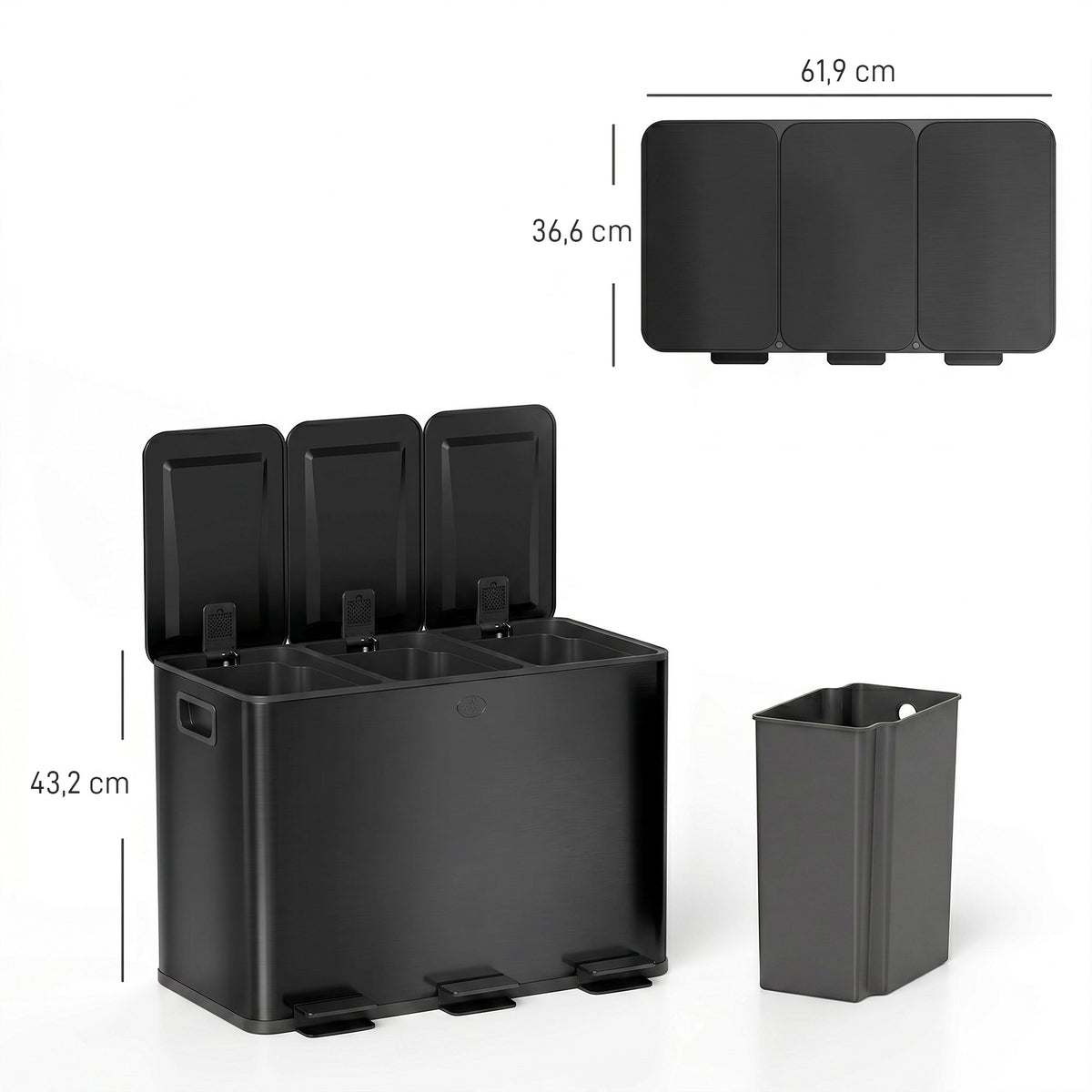 M¨¹lleimer mit 3 x 15L F?chern, Deodorant-Deckel, fingerabdrucksicher, Soft-Close, herausnehmbar, Schwarz