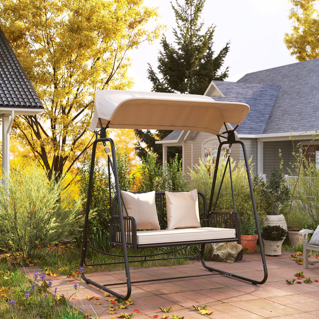 Hollywoodschaukel Rattan 2-Sitzer Gartenschaukel mit Sonnendach Kissen bis 240 kg 149 x 121 x 180 cm Khaki