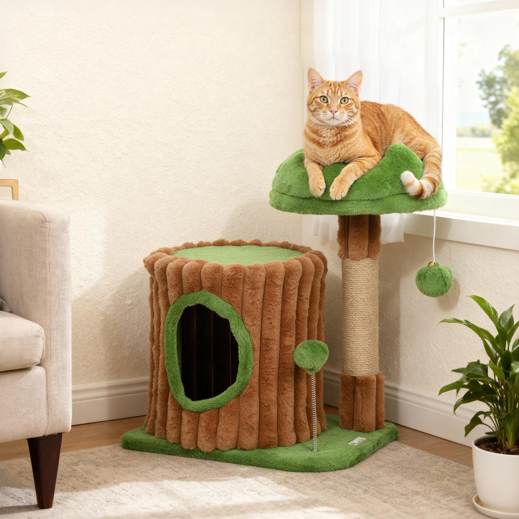 Kratzbaum 53 cm hoch Katzenbaum mit Höhle, Baumstamm-Design, Jutestämme, 2 Bälle für 1-2 Katzen unter 5 kg, Braun+Grün