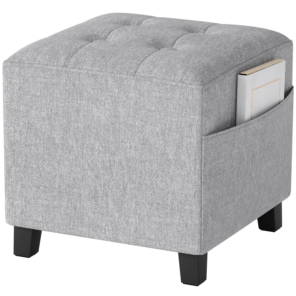 Quadratischer Hocker, kleiner Ottoman mit Seitentasche, Fußstütze aus Stoff in Leinenoptik mit Gummibaumholzbeinen, Hellgrau