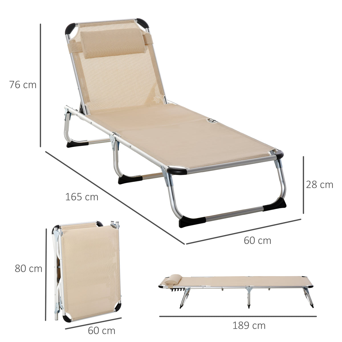 Sonnenliege faltbar Gartenliege mit Kopfkissen ergonomisch Relaxliege mit 4-stufig verstellbaren Rückenlehne Alu bis 120 kg belastbar für Garten, Terrasse, Pool, , Strand,Beige