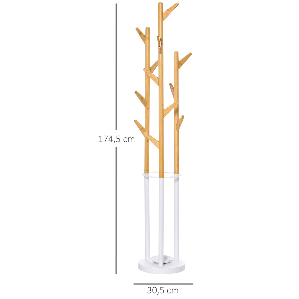 Garderobenst?nder, Kleiderst?nder mit 12 Haken und Schirmst?nder, Garderobe in Baumform, moderner Jackenst?nder f¨¹r Kleidung, Hut, Tasche, f¨¹r Wohnzimmer, Schlafzimmer, Bambus, Natur+Wei?