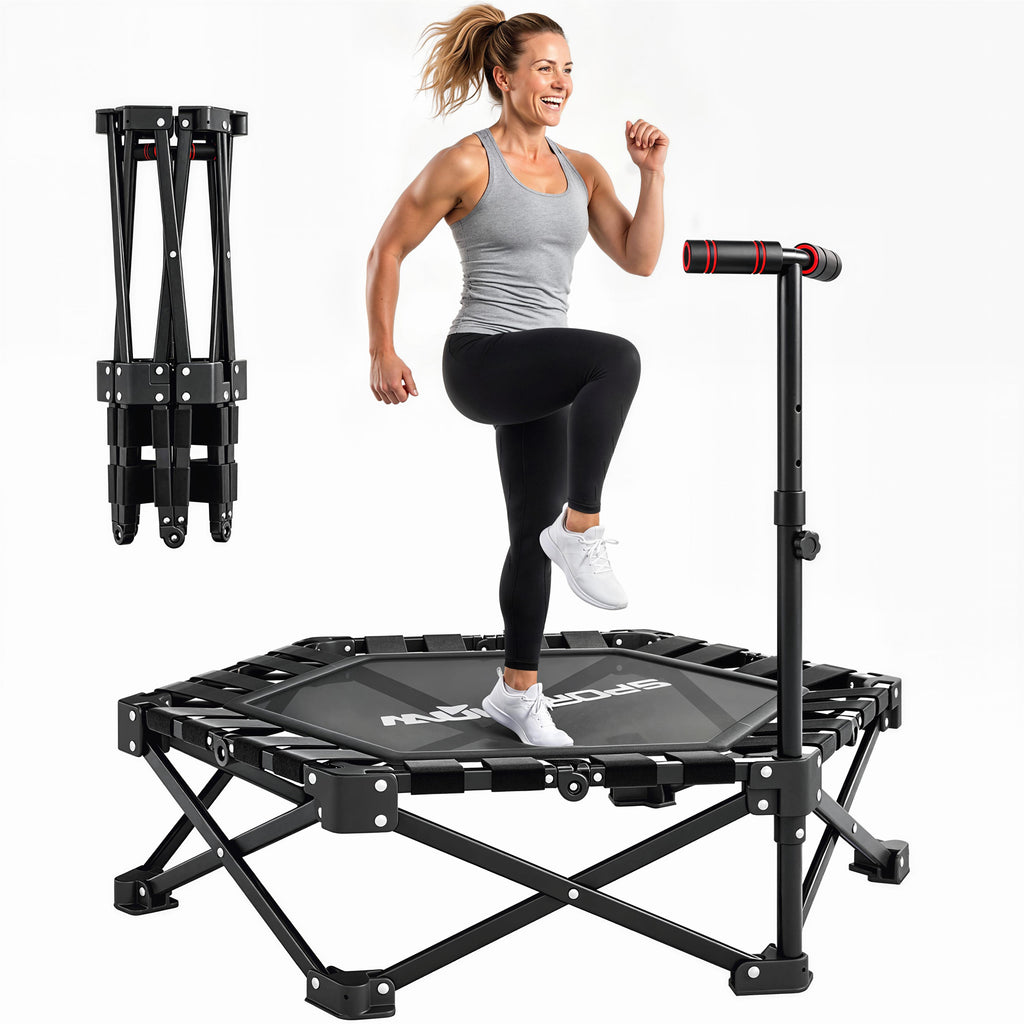 42" Foldable Mini Trampoline, One-Step Fold & Open, Rebounder Trampoline with 3-Level Adjustable Handle for Adults