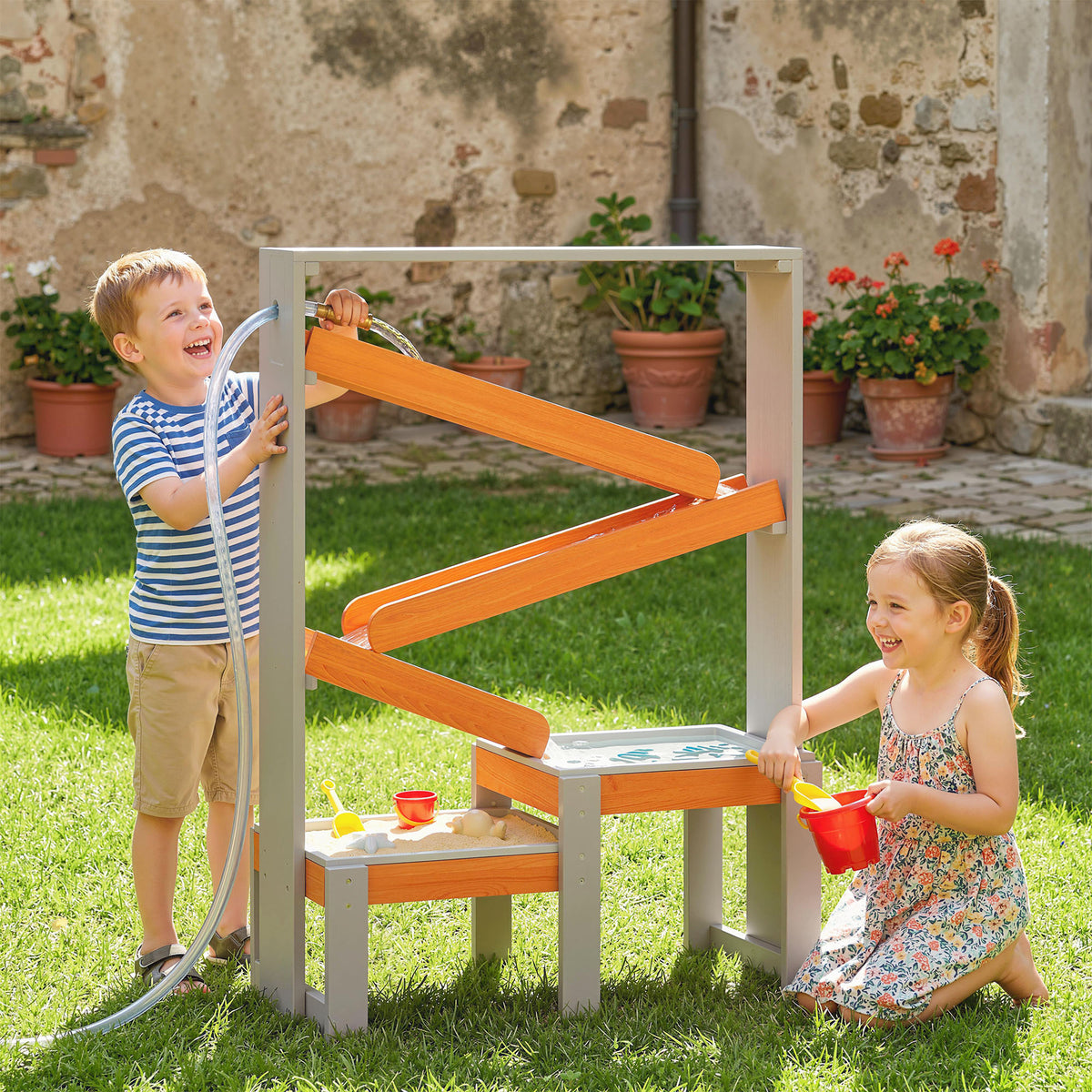 Sand Wasserspieltisch, Holz Wassertisch, Matschtisch mit Wasserbahn, 2 Becken Sandkastentisch für 3-8 Jahre Kinder Grau