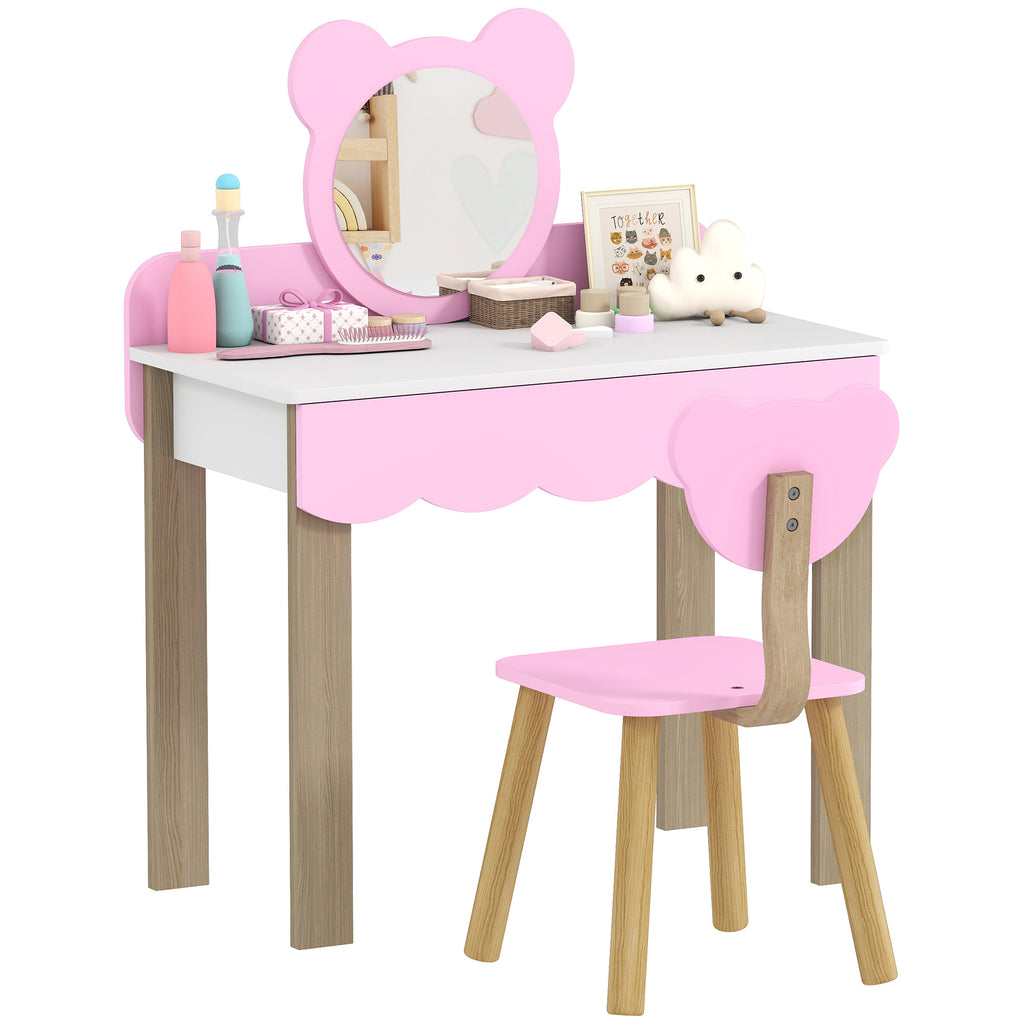 Frisiertisch-Set mit Hocker für Kinder, Schminkspiegel, Bärchenform, Schublade, MDF, Rosa
