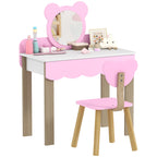 Frisiertisch-Set mit Hocker für Kinder, Schminkspiegel, Bärchenform, Schublade, MDF, Rosa