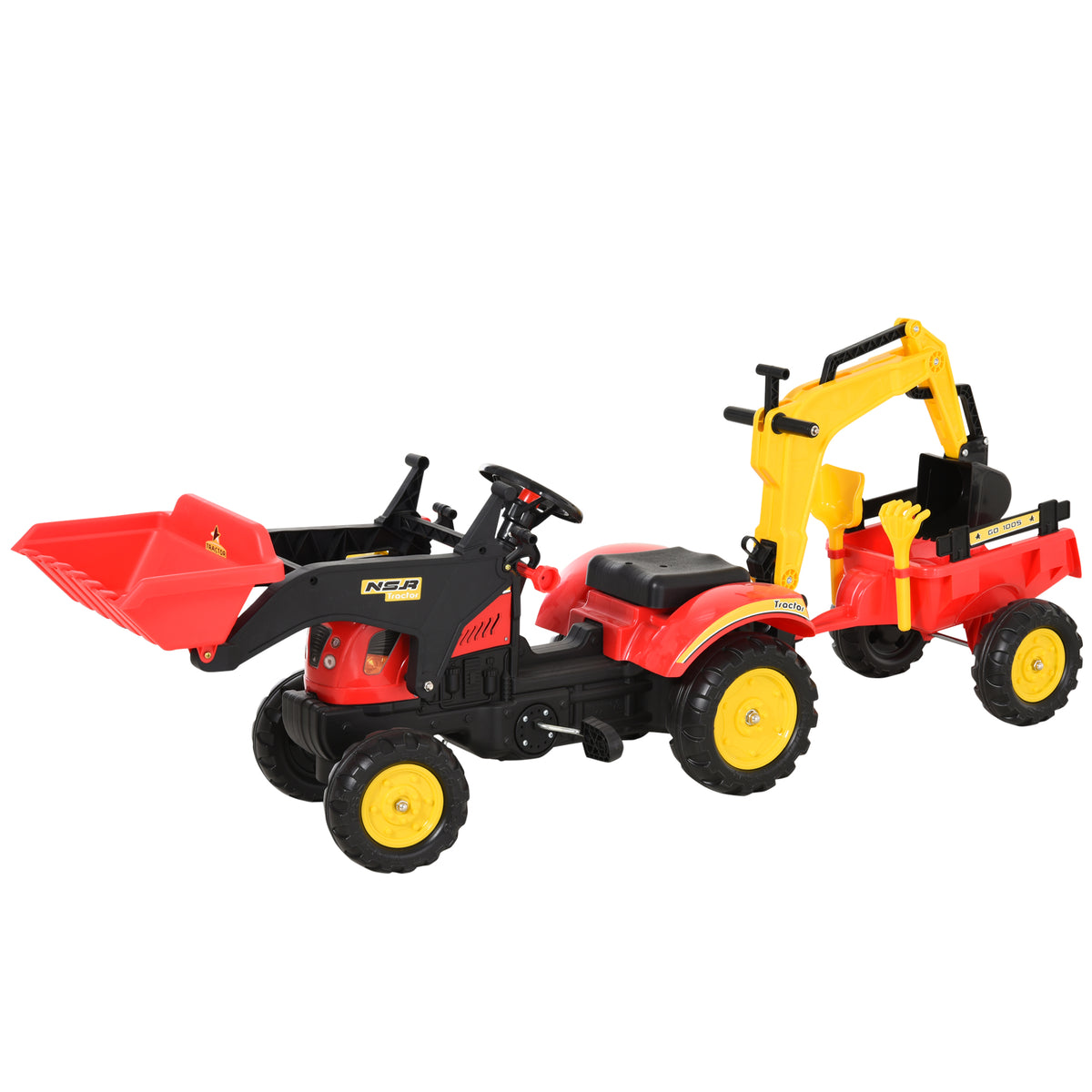 Trettraktor mit Anhänger, Frontlader, verstellbarer Schaufel, Traktor Tretfahrzeug für Kinder ab 3 Jahren Rot