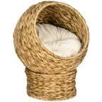 Woven Banana Leaf Elevated Cat Bed Wicker Kitten Basket Pet Den. House Cosy Cave with Soft Cushion Dome 42x33x52cm Brown