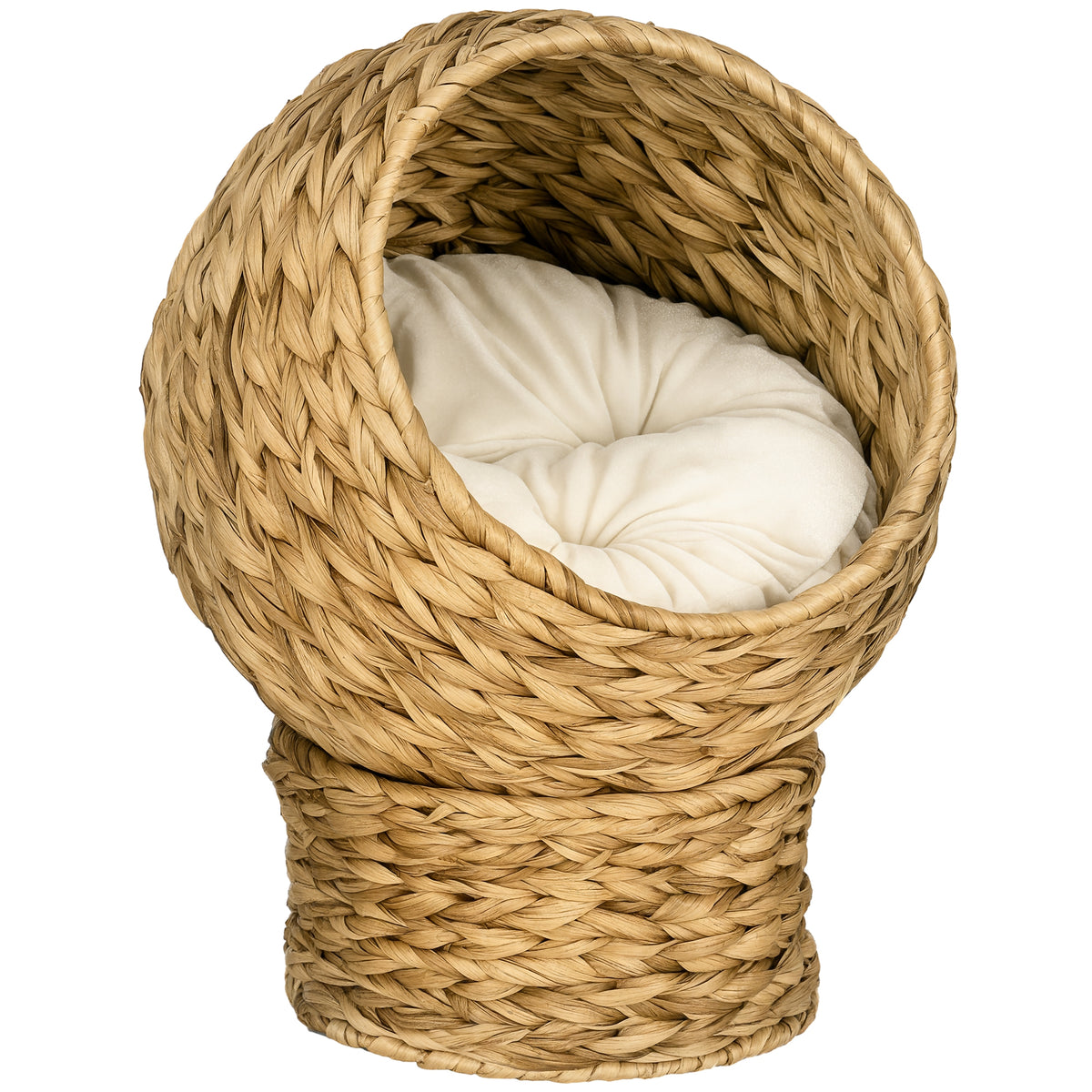 Woven Banana Leaf Elevated Cat Bed Wicker Kitten Basket Pet Den. House Cosy Cave with Soft Cushion Dome 42x33x52cm Brown