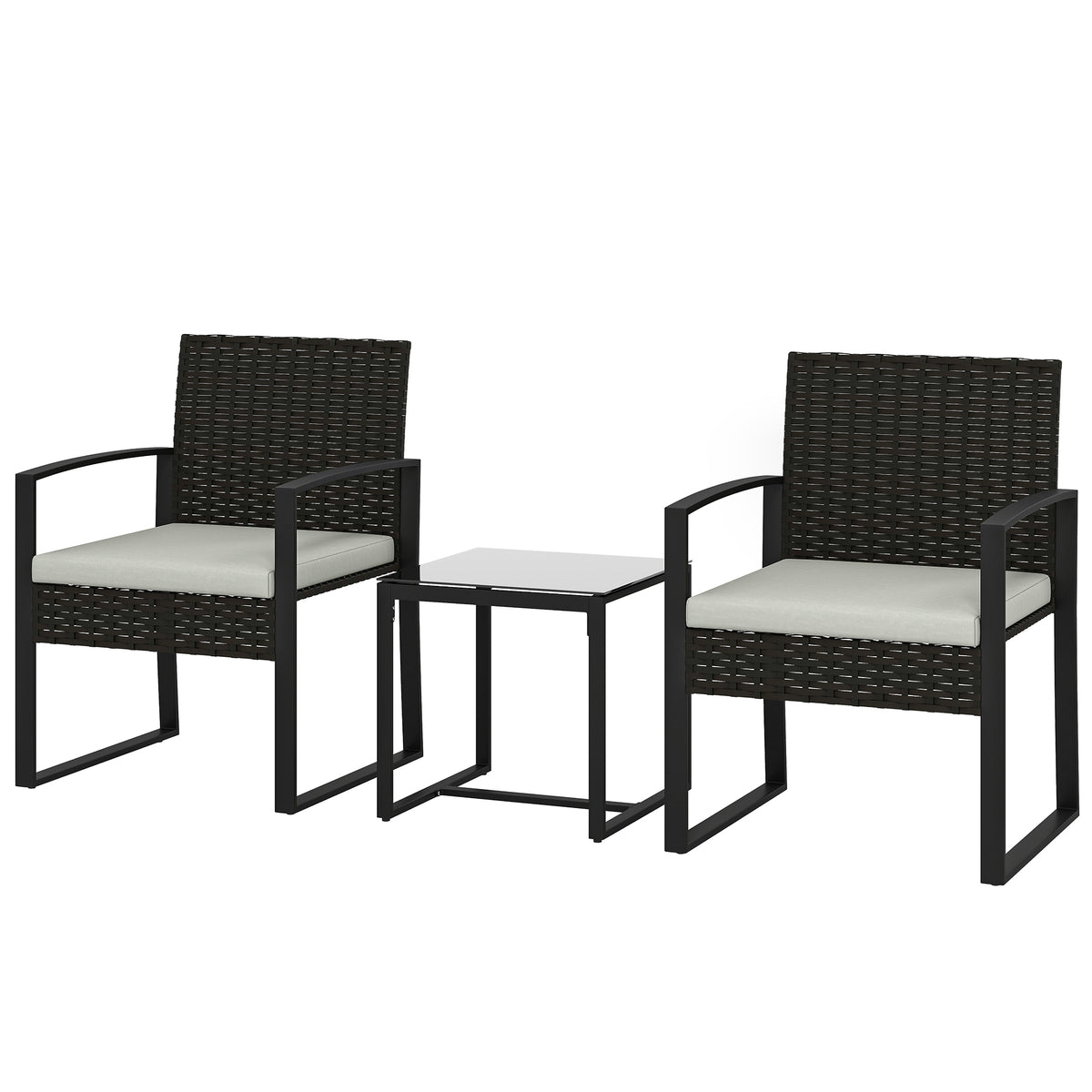 Rattan Bistroset, 3 teiliges Gartenmöbel-Set mit 2 Gartenstühlen, Couchtisch, abnehmbar Kissen Cremeweiß