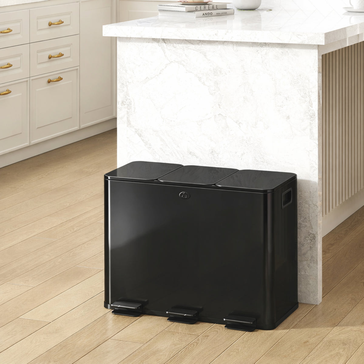 3 x 15L Pedal Bin, Steel Triple Kitchen Bin with Soft Close Lid, Removable Inner Buckets, Fingerprint-Proof, Black