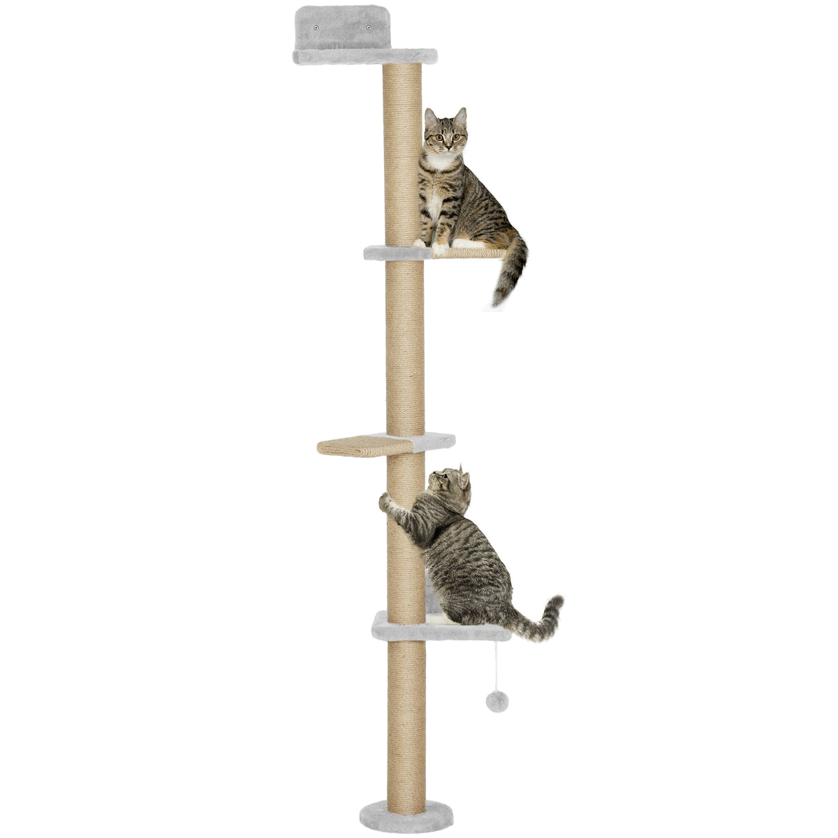 Wall Mounted Cat Shelves, Cat Climbing Wall with 4 Climbing Platforms, Jute Scratching Post and Toy Ball,180cm Tall, Light Grey