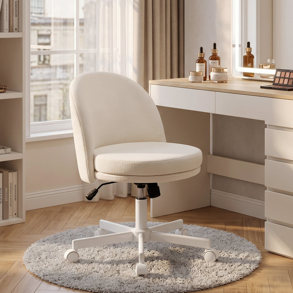 Homeoffice Stuhl Höhenverstellbar Schreibtischstuhl mit Chenille-Optik, Schminkstuhl mit Wippfunktion Creme