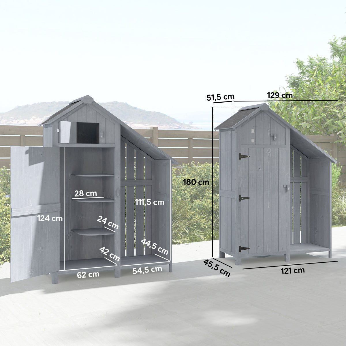 Garden Outdoor Storage Shed 3 Shelves Tilt Roof w/ Firewood Rack Log Carrier, 129L x 51.5W x 180H cm