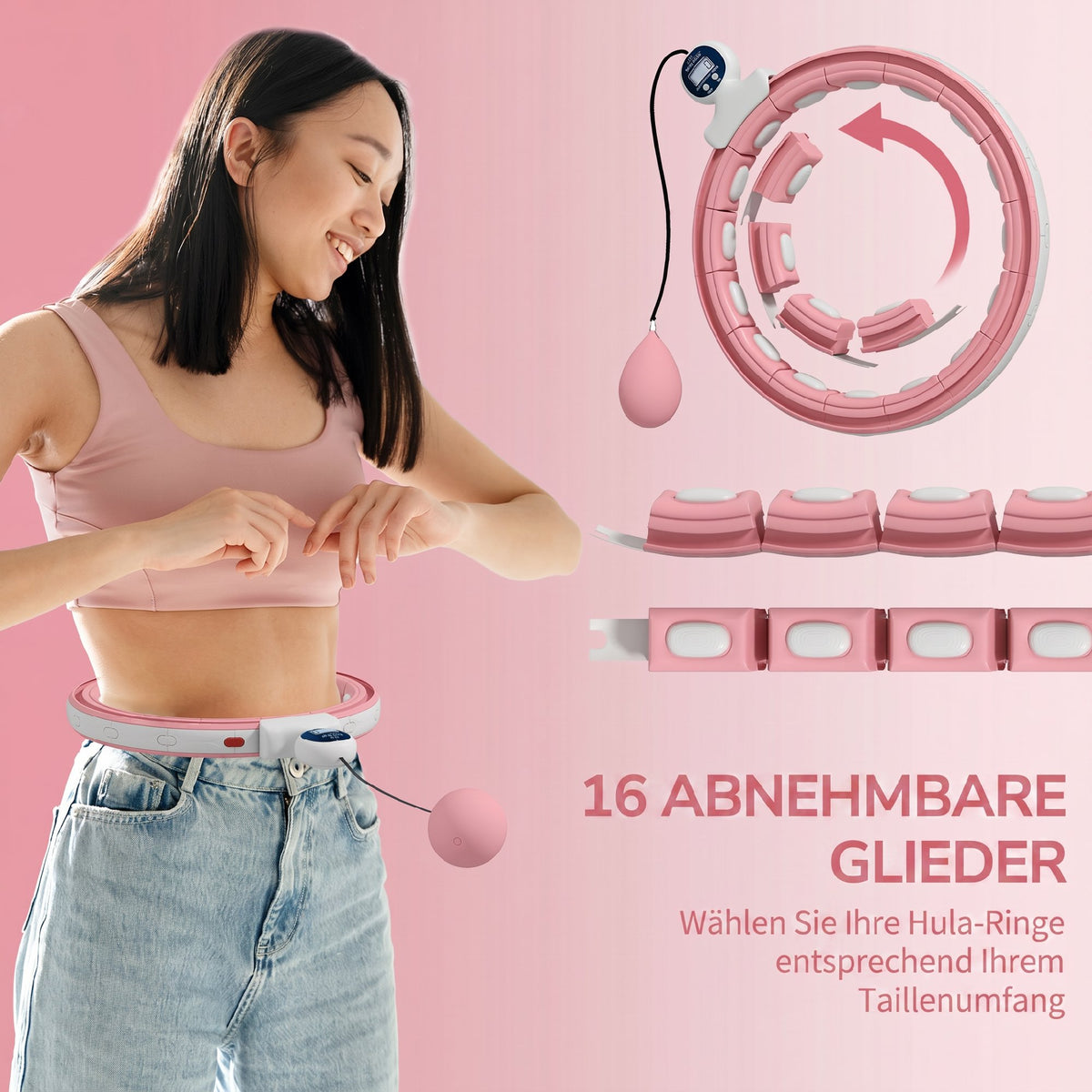 Smart Weighted Hula Hoop, Massage Hula Ring w/ 16 Detachable Knots, 360° Auto-Rotating Ball, Digital Counter, Pink