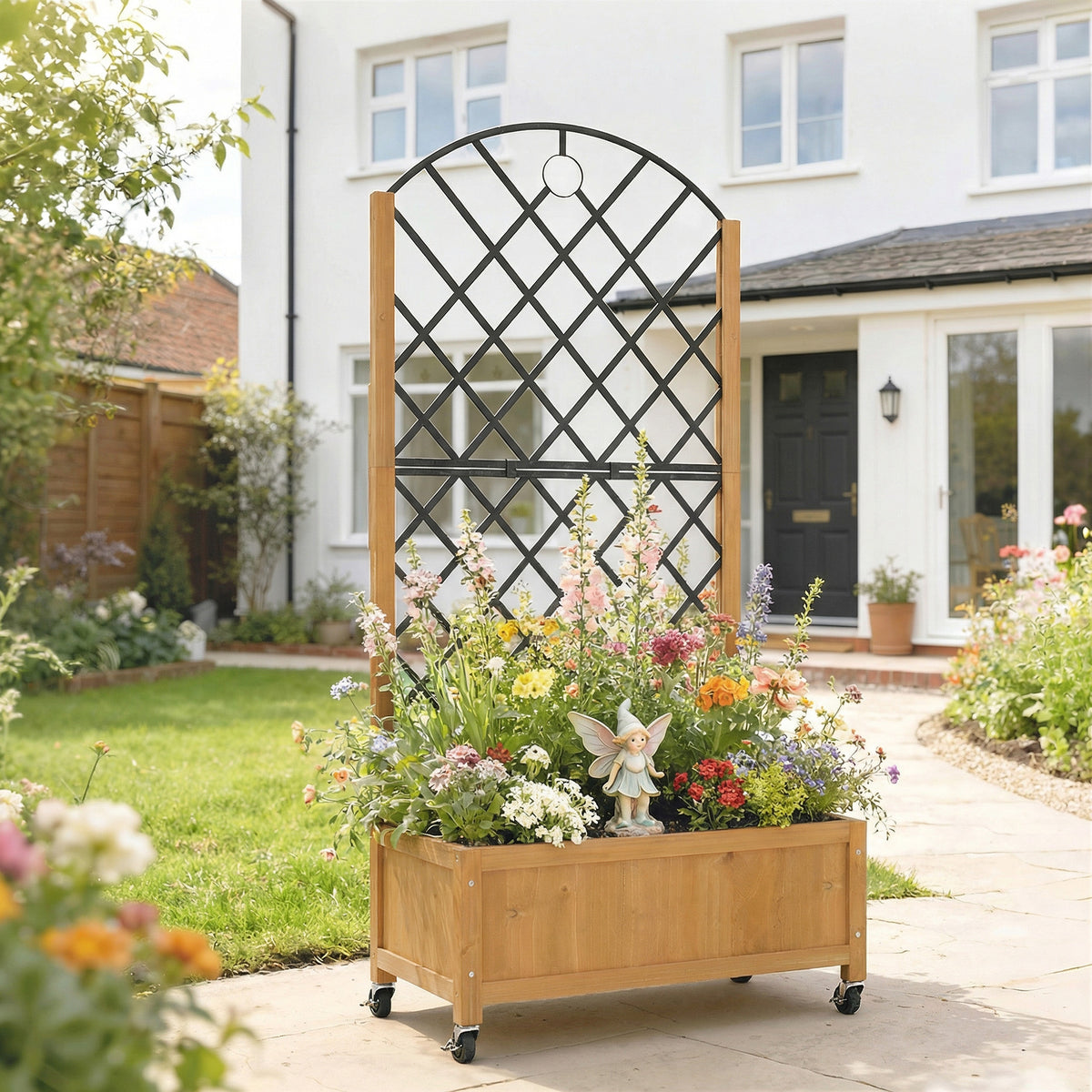 Hochbeet mit Metallgitter, Holz-Pflanzkasten mit Rädern, Outdoor-Pflanzkasten, Braun