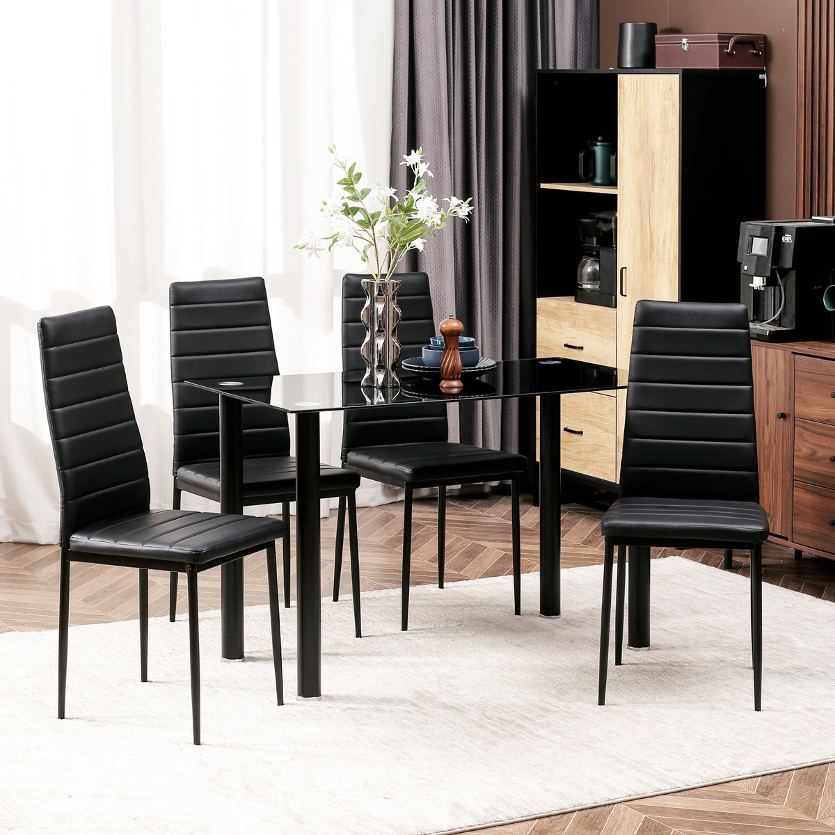 5-tlg. Essgruppe Sitzgruppe Esstisch mit 4 Stühlen, modernes Design, Glastisch, Schwarz