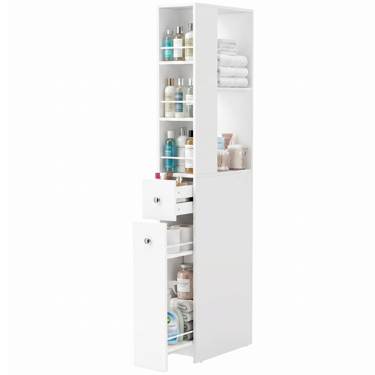 Schmaler hoher Badezimmerschrank, 135 cm Badschrank mit 2 Schubladen, weiß