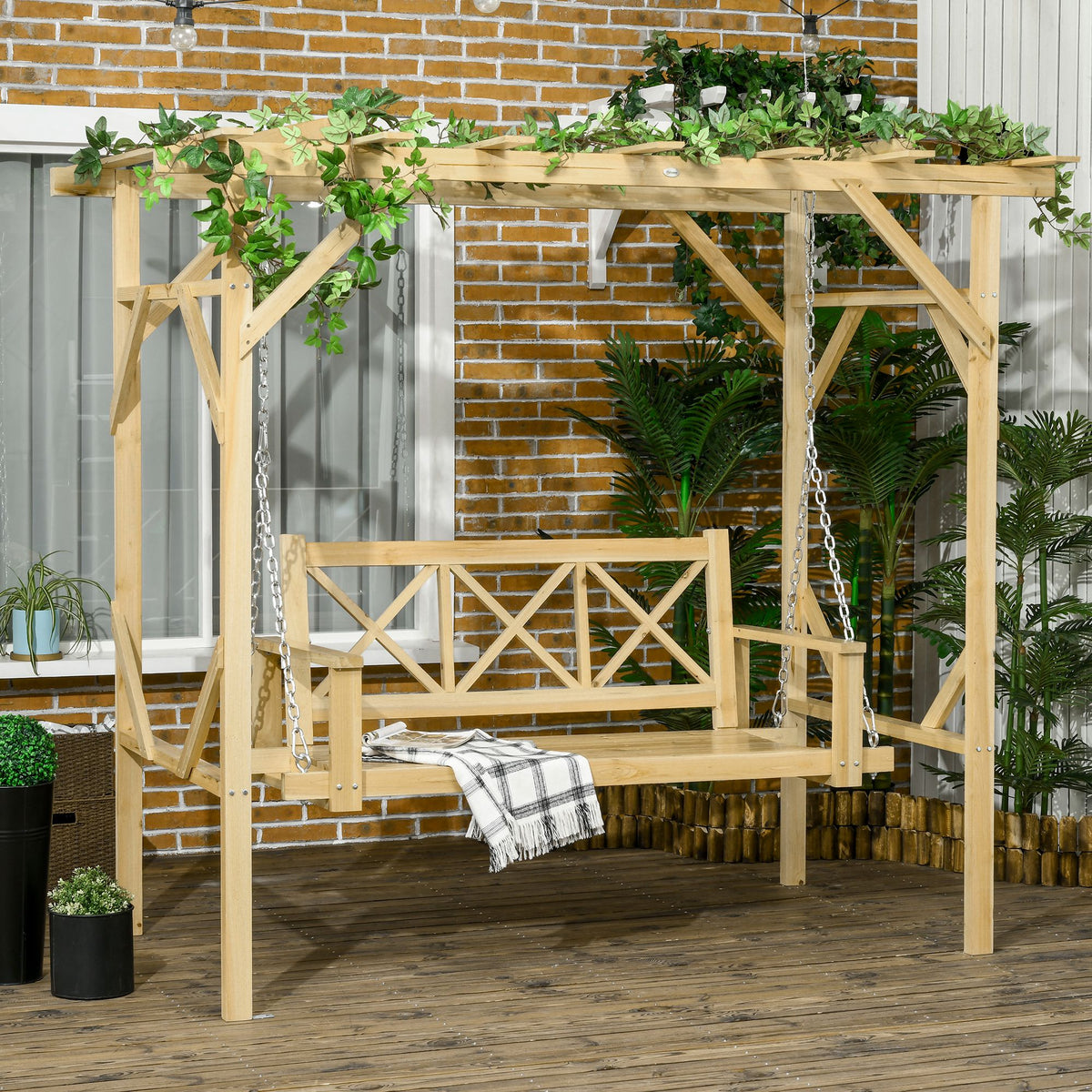 Schaukelbank mit Pergola, für 2 Personen, höhenverstellbar, Massivholzrahmen, 2,21 x 1,40 x 1,96 m
