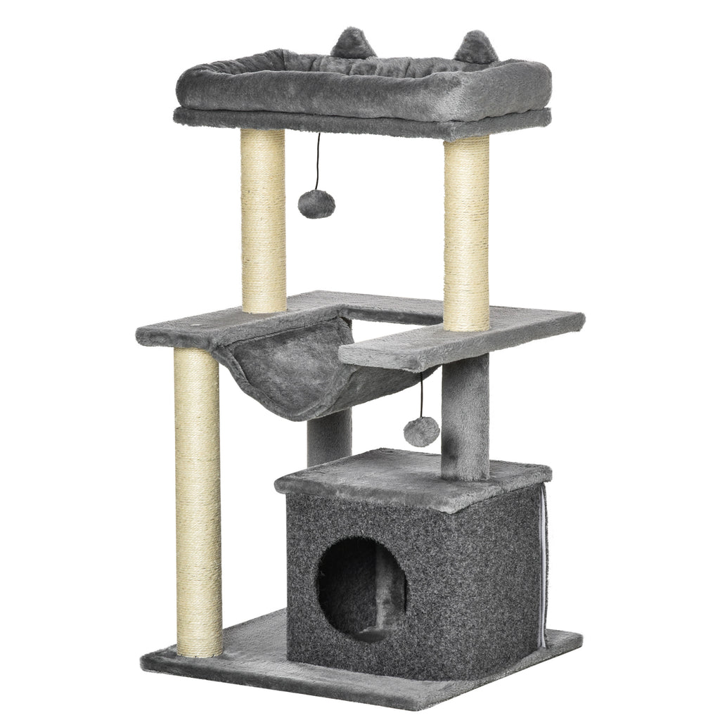 Kratzbaum 90 cm Katzenturm mit Hängematte, Höhle, 2 Plüschballen, Sisalstämme, Plattformen, mehrstöckiger Katzenkratzbaum, Kletterbaum, für Katzen unter 4 kg, Grau