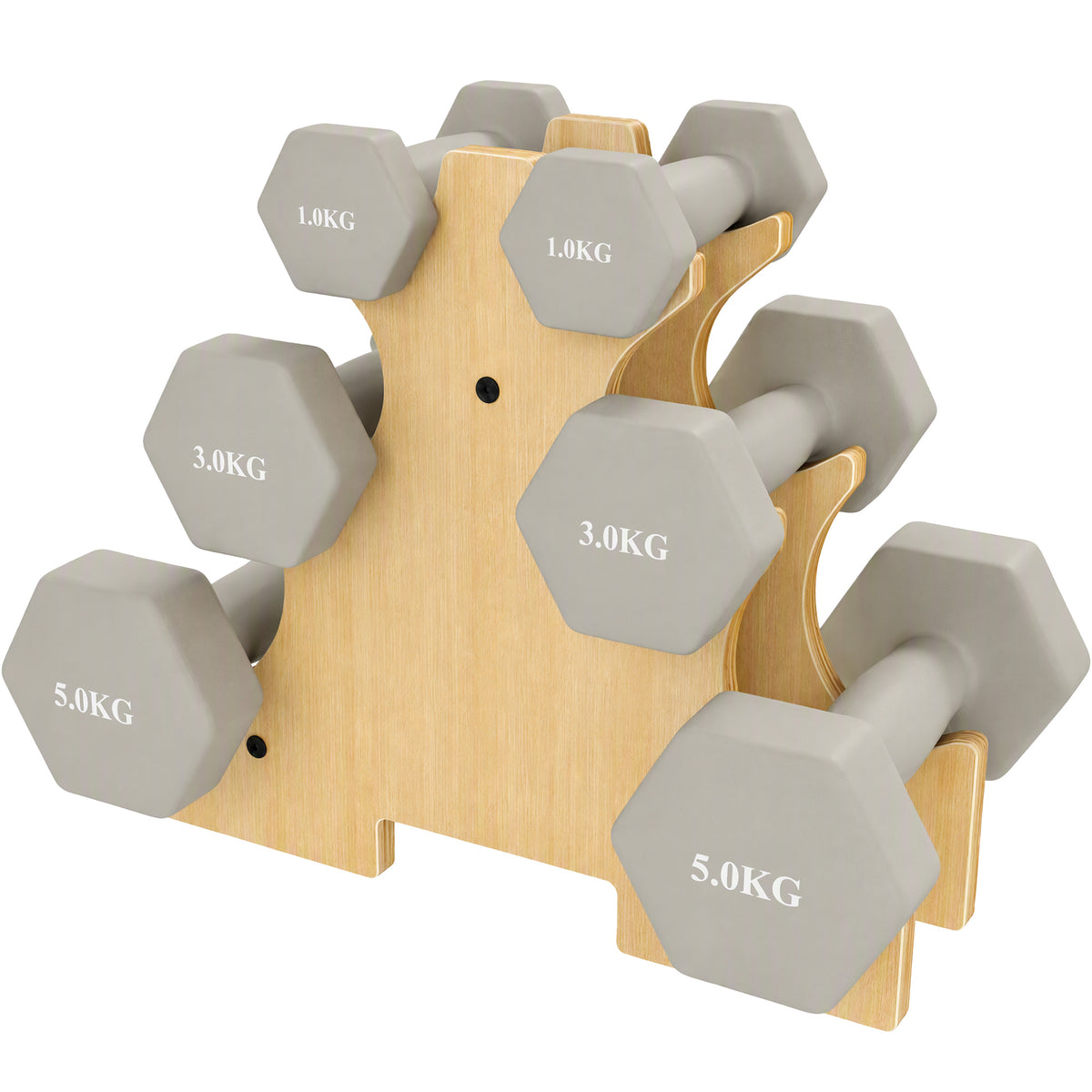 Hanteln Set 3 Paar 1kg 3kg 5kg Kurzhanteln mit Holzständer, rutschfeste Griff, Gusseisen Hexagon Hellgrau