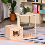 Katzenhöhle, Katzenbett mit Hängematte, Sisalstamm, Plattform Katzenhaus aus Holz Kratzbaum für Katzen für Indoor 70 x 35 x 60 cm Natur