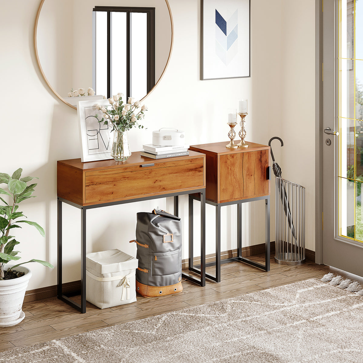 Konsolentisch im Industiriedesign, Beistelltisch, Sideboard, 1 Schrank, Naturholz + Schwarz