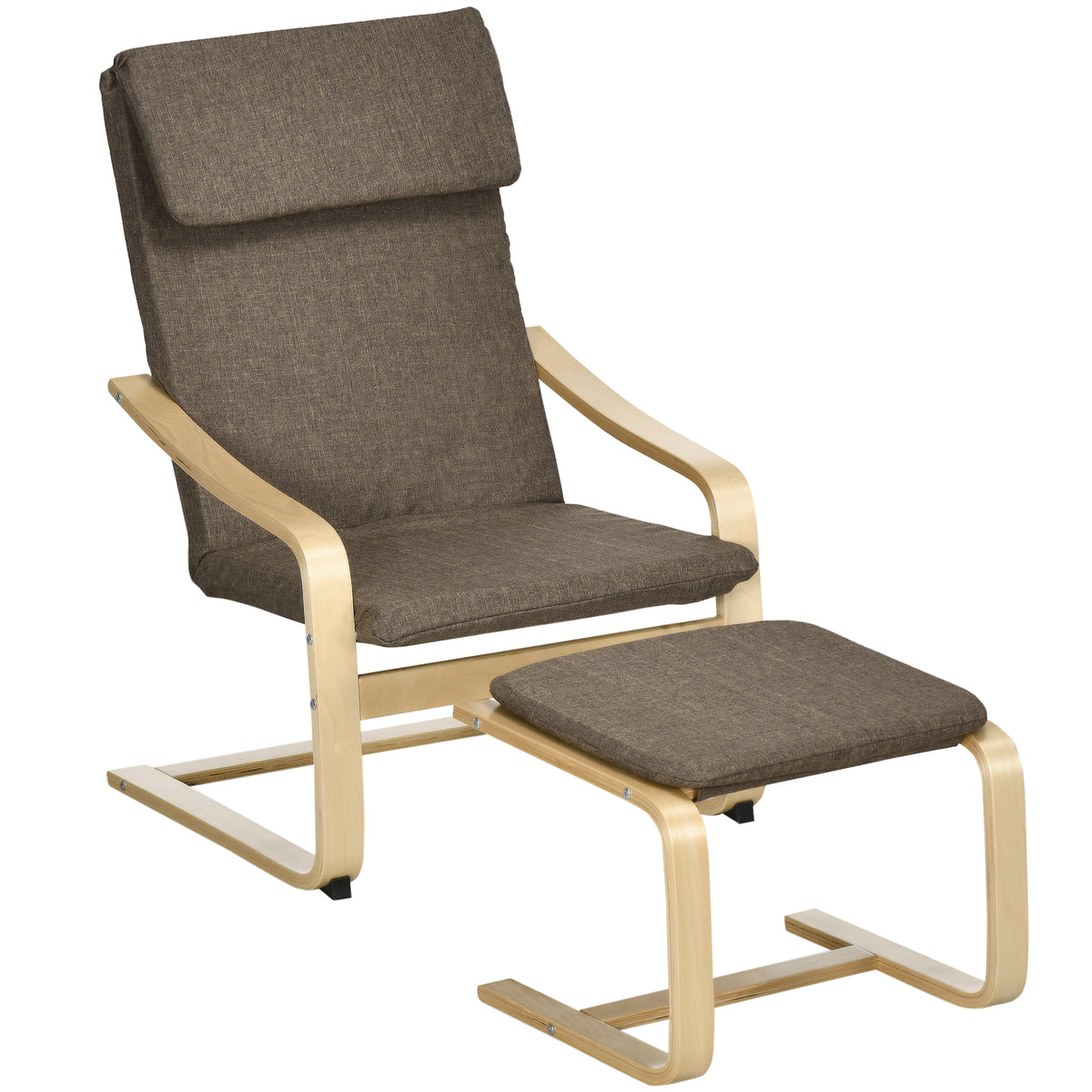 Sessel mit Fußhocker, Sessel-Set, Leinenoptik, Massivholz, Braun + Natur