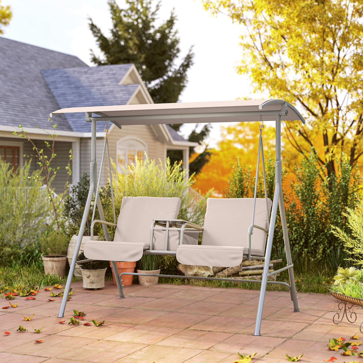 Hollywoodschaukel, Gartenschaukel, 2-Sitzer-Schaukel mit Sonnendach, 175 x 112 x 158 cm, Beige