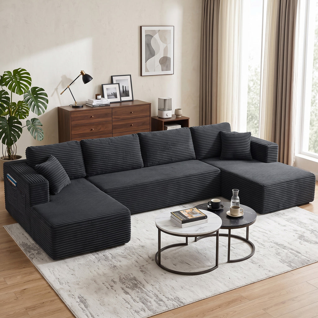 Modulares U-Sofa mit 2 Chaiselongues, Cord-Schlafsofa mit hochdichtem Schaumstoff und Federpolsterung, Dunkelgrau