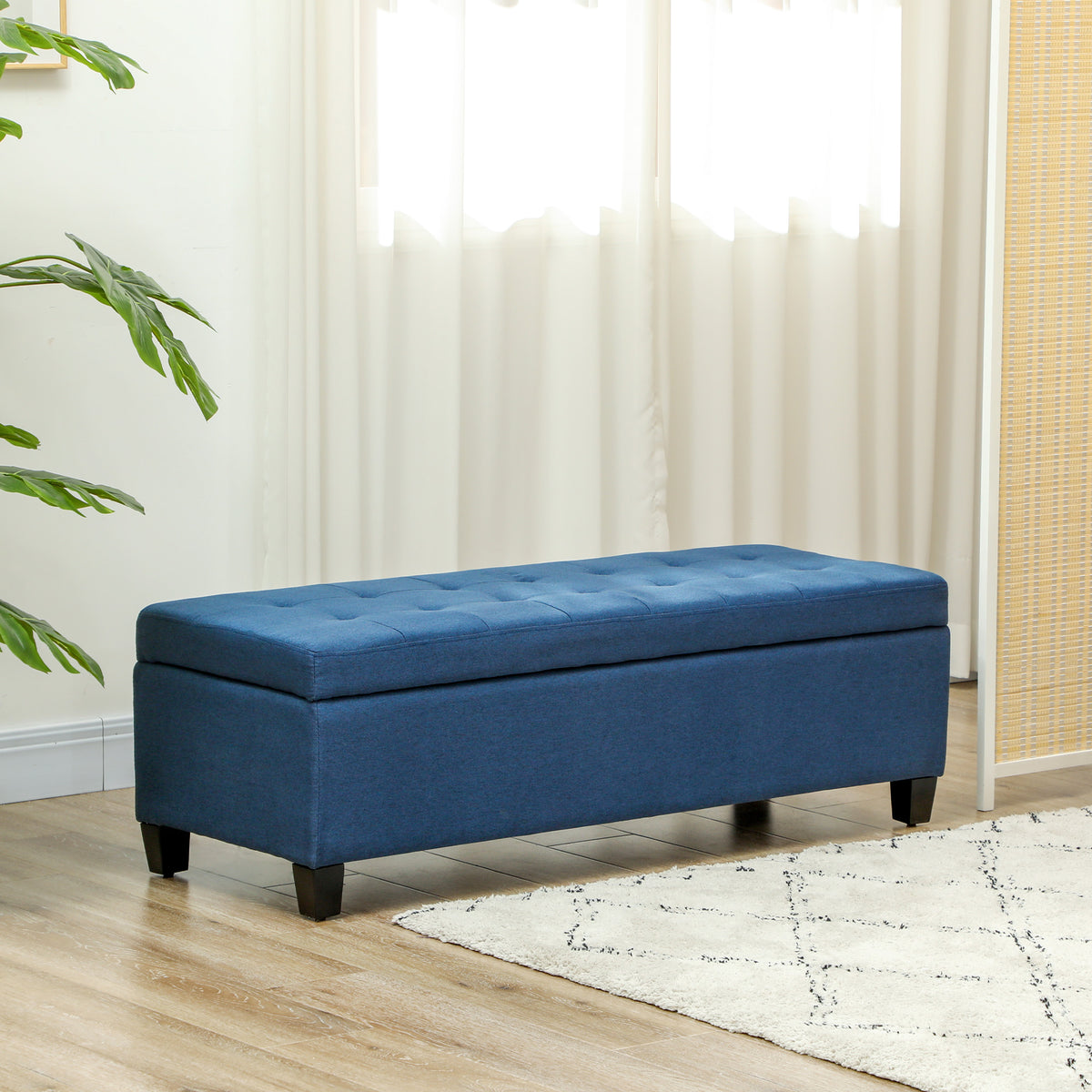 Sitzbank mit Stauraum, Ottomane, Flurbank, Knopfheftung,125,1 cm x 48,9 cm x 41,3 cm, Blau