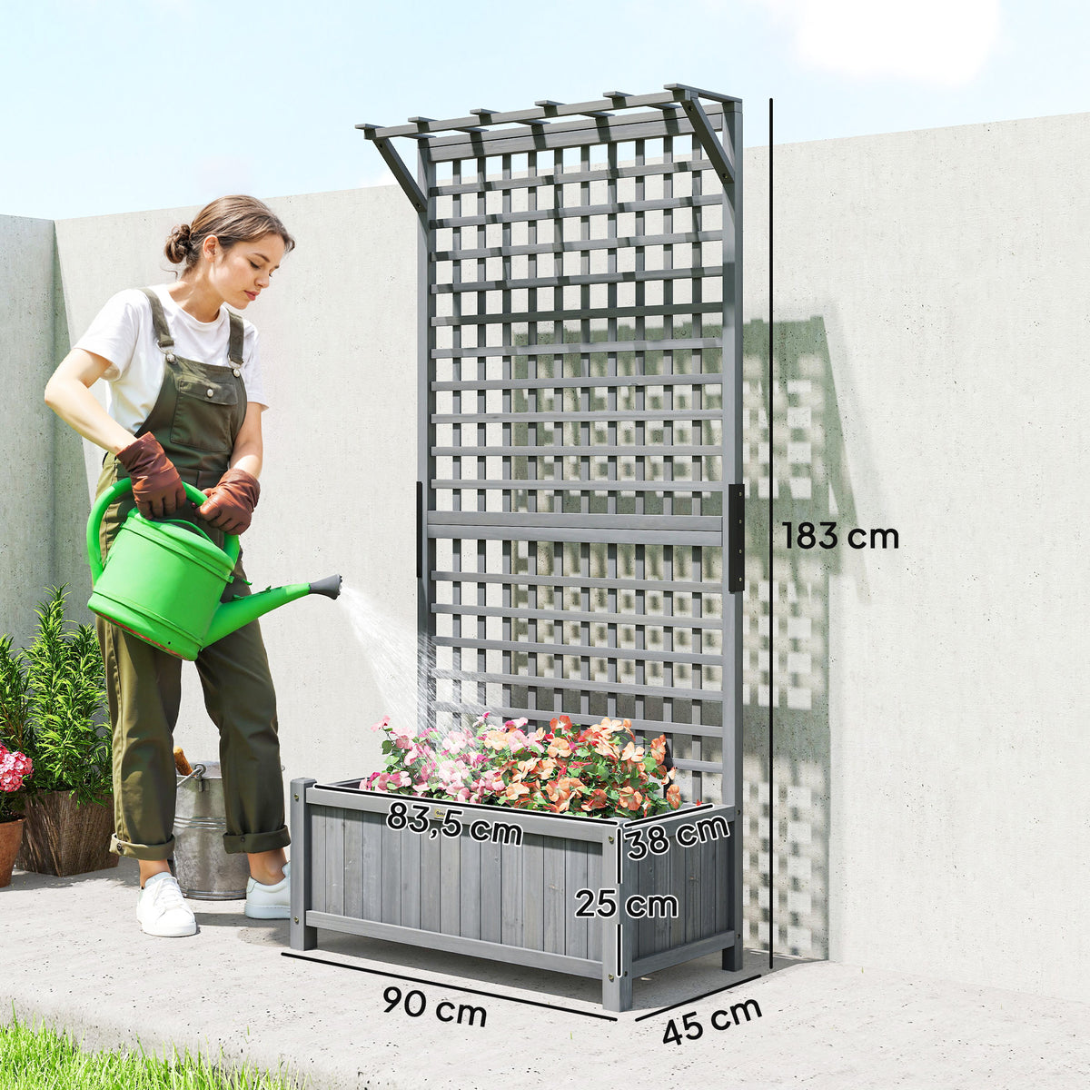 Raised Bed with Drainage Holes, Wood Planter with Trellis for Climbing Plants to Grow Vegetables, Flowers, Dark Grey