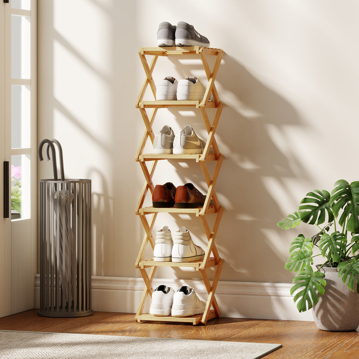 Schuhregal, klappbar Schuhst?nder mit 6 Ebenen aus Bambus, f¨¹r max. 9 Paar Schuhe, 30 x 29 x 108 cm, Natur