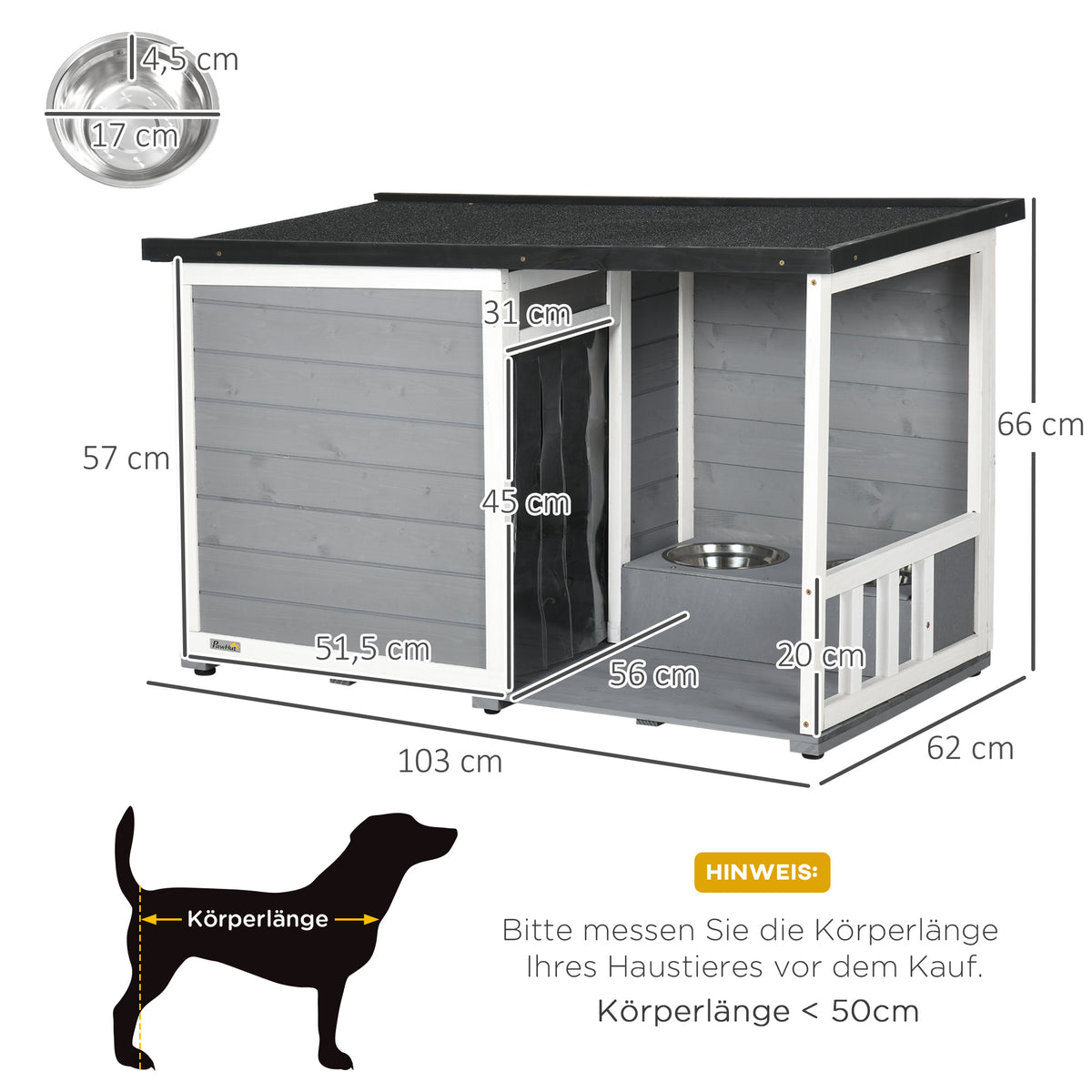  Hundehütte aus Massivholz, mit 2 Fressnäpfen, Veranda, wetterbeständig, 103 cm x 62 cm x 66 cm, Grau + Weiß