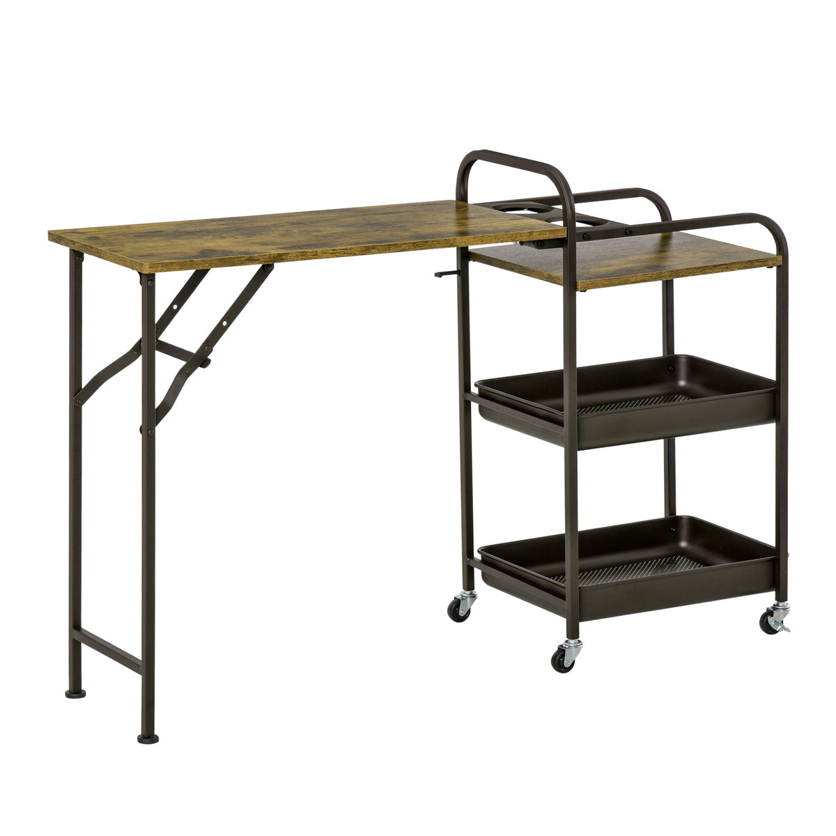 Küchenwagen Küchenrollwagen Servierwagen mit 1 klappbaren Tischplatte 2 Tabletts und 1 offenes Regal Rollen Verstellbare Fußpolster E1-Spanplatte Metall Rustikal-Braun 118 x 36,5 x 82 cm