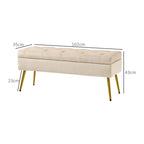 Stauraum-Sitzbank in Samtoptik, gepolsterter Fu?hocker mit getuftetem Design, Metallrahmen, 102 x 35 x 43 cm, Beige