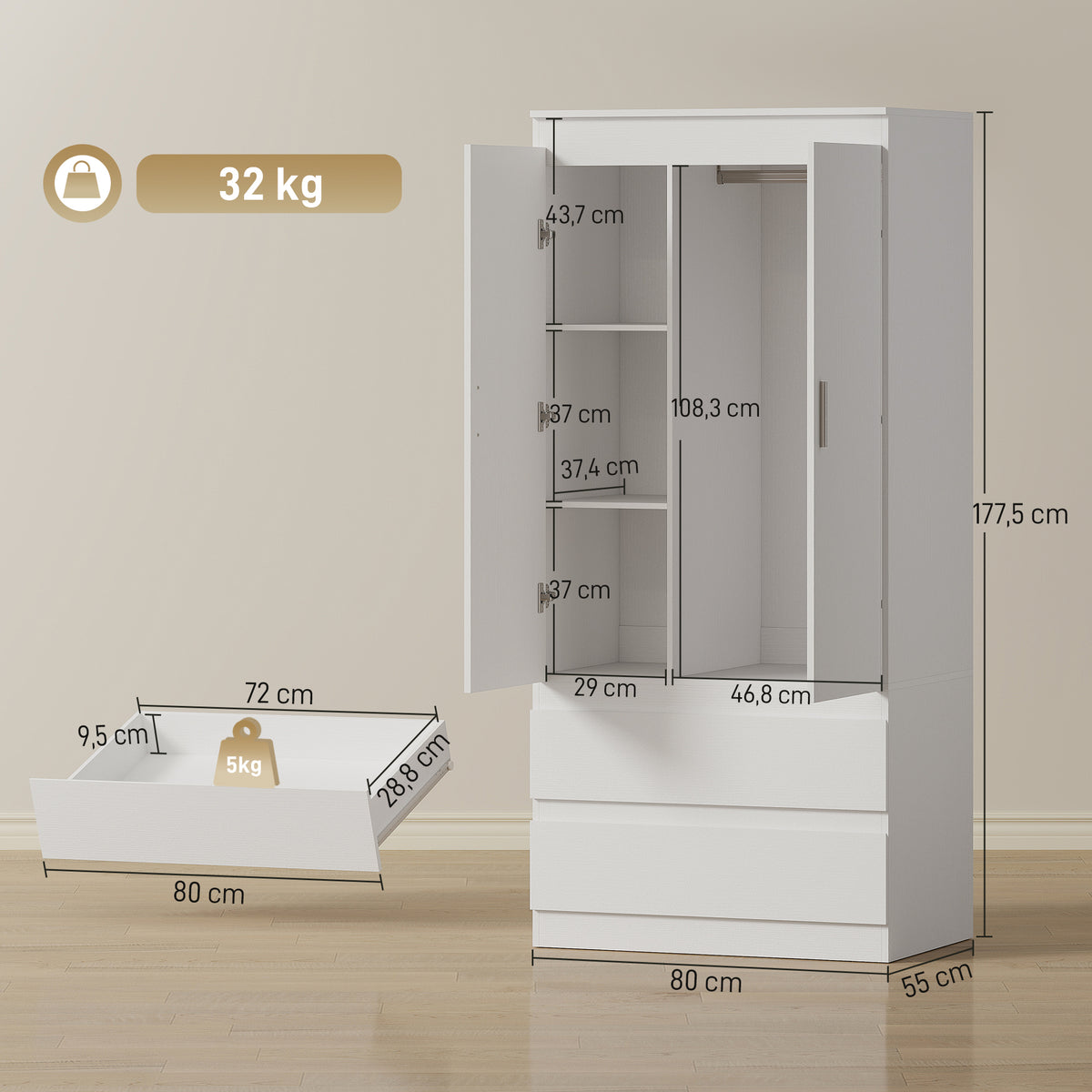 Schlafzimmer-Garderobe mit 2 Türen, 2 Schubladen, 3 Fächer, Holz, Weiß