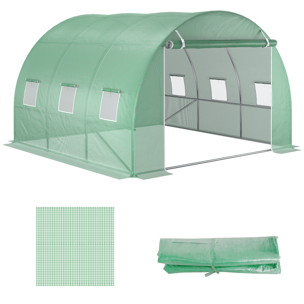 Ersatzfolie für 3x3x2 m Gewächshaus, robust, reißfest, 6 Fenster, Tür, NUR Folie Grün