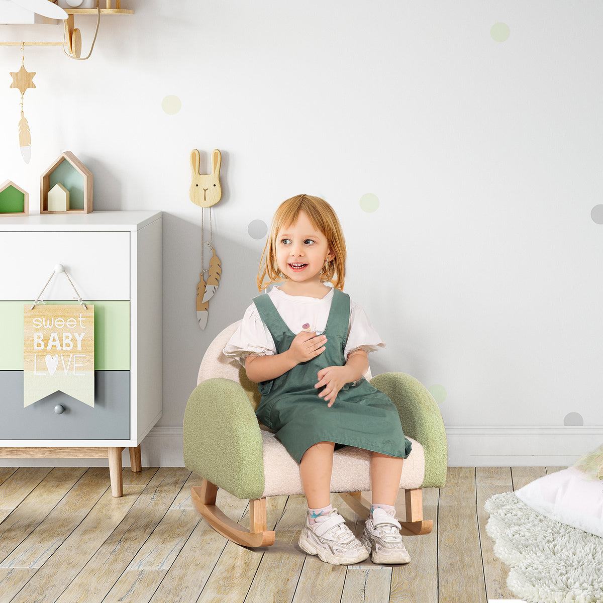 Schaukelstuhl für Kleinkinder Niedliches Design, Schaffell-Imitat, Eukalyptusholz Grün + Gelb Beige