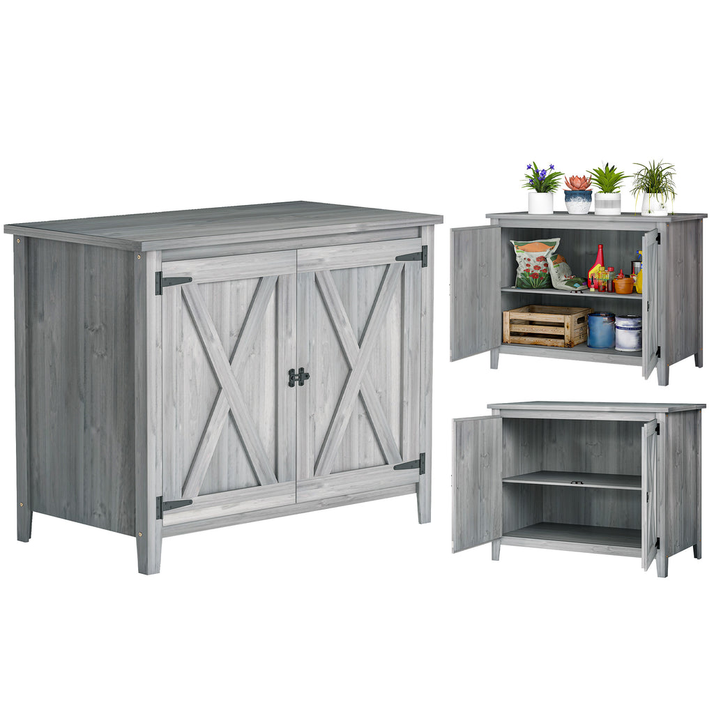 Wooden Garden Shed, Outdoor Fir Wood Storage Shed with Shelf and Double Doors, Light Grey