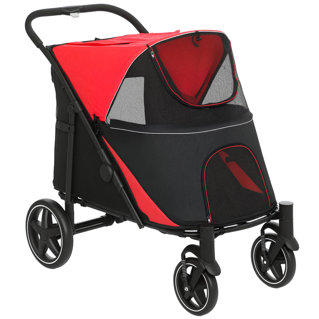 Foldable Pet Stroller, with Universal Wheels, Shock Absorbers, for Medium and Large Dogs, Red