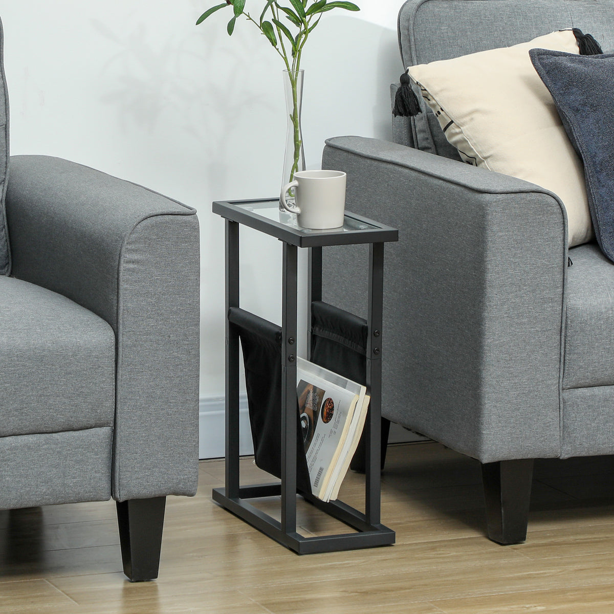 Beistelltisch aus Metall mit Stofftasche und Glasplatte, schmaler Tisch f¨¹r Wohnzimmer, Schlafzimmer, Schwarz