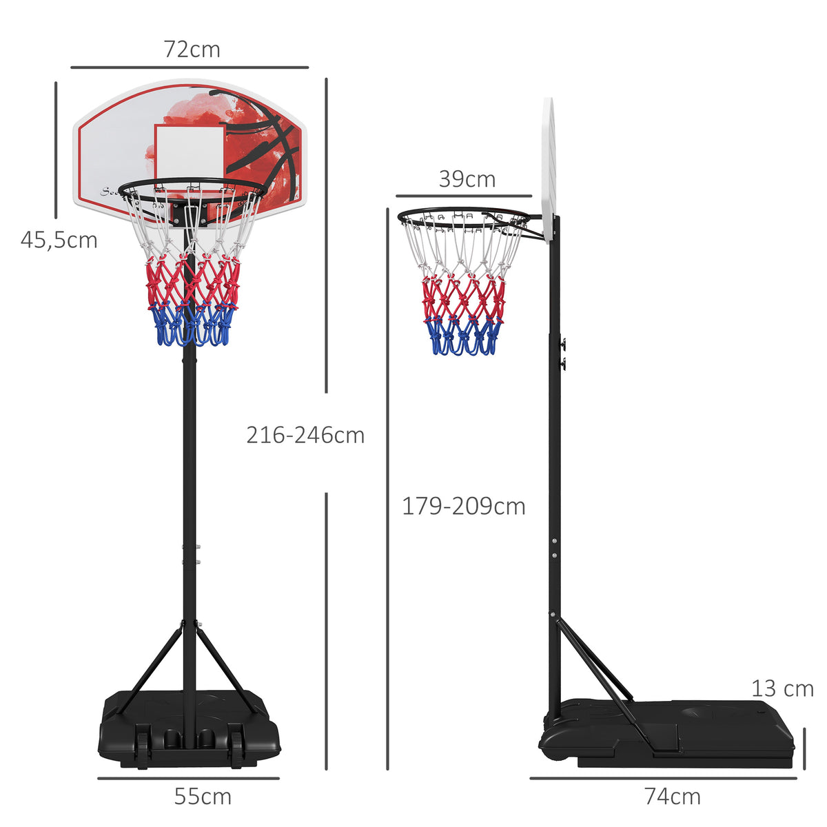 Adjustable Basketball Stand Net System, with Wheels, Enlarged Base, PE, Backboard, 179-209cm