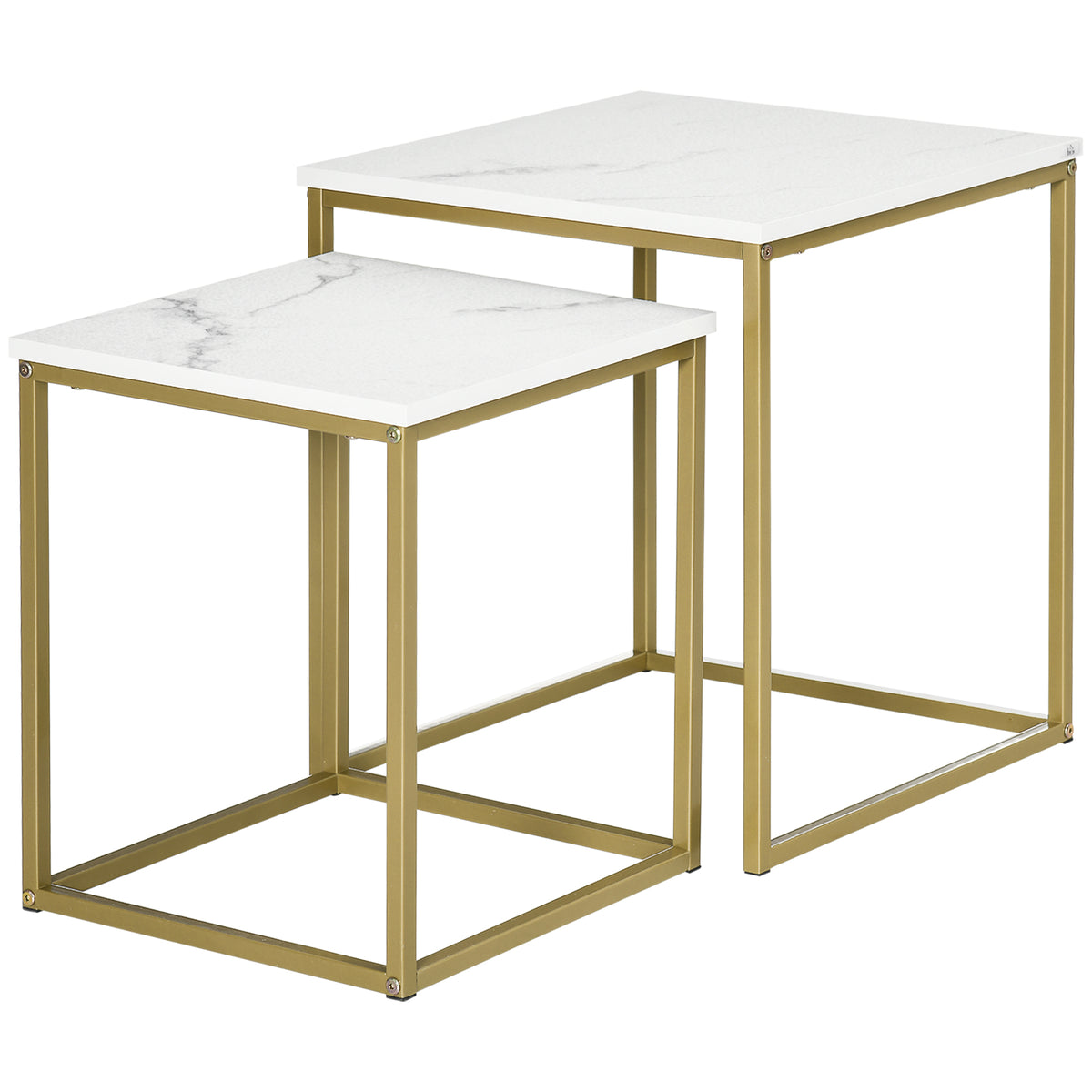 2er-Set Beistelltische, stapelbare Beistelltische, Tischplatte in Marmoroptik, Gold + Wei?