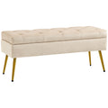 Stauraum-Sitzbank in Samtoptik, gepolsterter Fu?hocker mit getuftetem Design, Metallrahmen, 102 x 35 x 43 cm, Beige