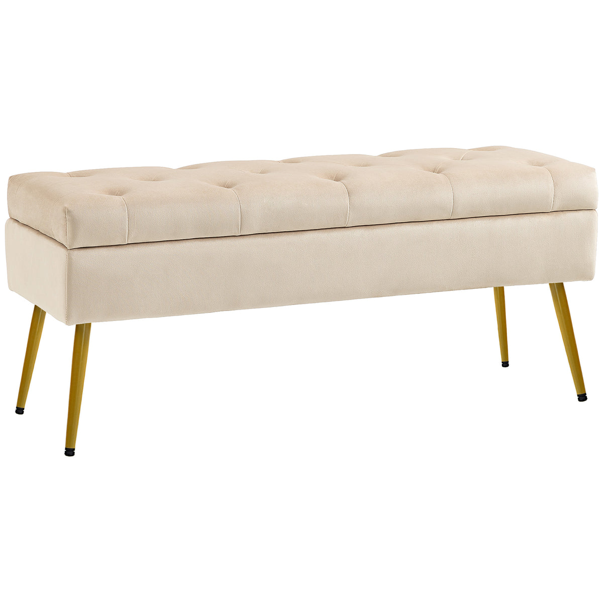 Stauraum-Sitzbank in Samtoptik, gepolsterter Fu?hocker mit getuftetem Design, Metallrahmen, 102 x 35 x 43 cm, Beige